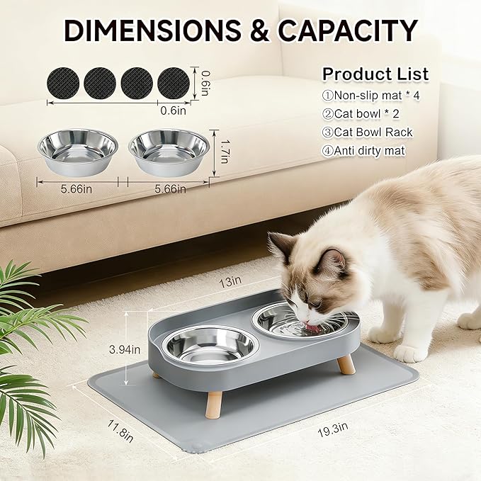 Elevated Cat Bowls with Food Mat, Splash Proof Anti Vomiting Raised Cat Food and Water Bowl Set, 2 Stainless Steel Dishes for Cats and Puppy, Pet Bowl for Indoor Cats Grey