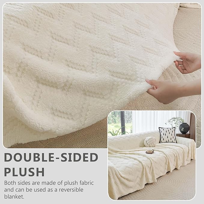 Sherpa Fleece Couch Cover for 3 Cushion Sofa, Beige, 71" x 134" - Pet Proof Sofa Covers Heavy Duty Scratch Resistant Pet Friendly Furniture Cover - Easy Install, Machine Washable