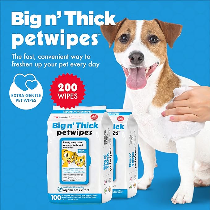 Petkin Large Pet Wipes for Dogs and Cats, 200 Count, Organic Oat Extract, Moistened with Gentle Cleaning Formula, Ideal for Home or Travel
