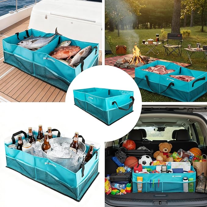 Collapsible Waterproof Car Trunk Organizer, Soft PVC Storage Bin with Rugged PVC-Coated Fabric for SUV & Truck (Aqua Blue, REG)