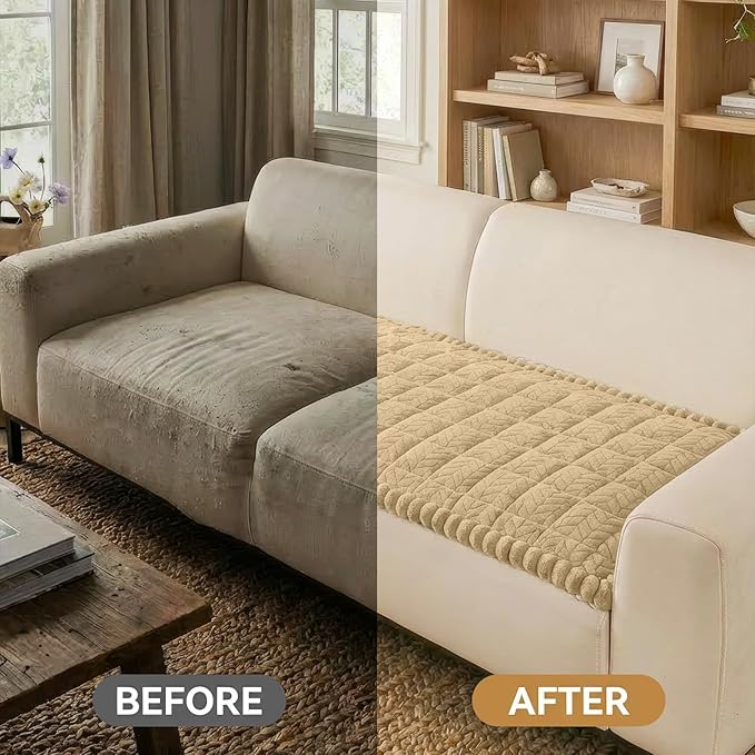 Smiry Non Slip Couch Covers for Dogs, Fuzzy Pet Couch Covers for 3 Cushion Sofa Pet Friendly, Soft Sofa Slipcovers Cushion Furniture Protector Washable (Khaki, 27.6" x 88")