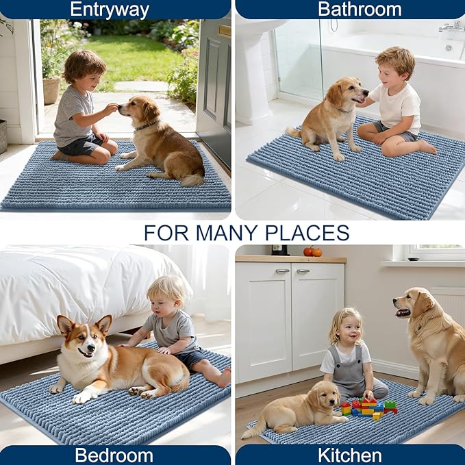 OLANLY Dog Door Mat for Muddy Paws 34x21, Ultra Absorbent Chenille Mud Doormat, Non-Slip Washable and Dirt Trapping Doormat for Indoor Entryway, Quick-Dry Indoor Pet Bed Mats for Dogs, Airy Blue