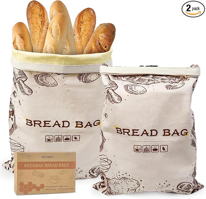Beeswax Bread Bags for Homemade Bread, 2-Pack Reusable Sourdough Bread Storage Bags - 13x17 Inch Eco-Friendly Food Wrap, Linen Bread Bag Alternative, Beeswax Food Storage