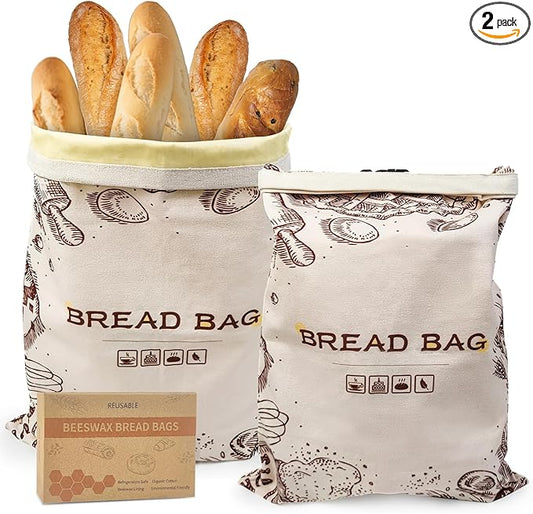 Beeswax Bread Bags for Homemade Bread, 2-Pack Reusable Sourdough Bread Storage Bags - 13x17 Inch Eco-Friendly Food Wrap, Linen Bread Bag Alternative, Beeswax Food Storage