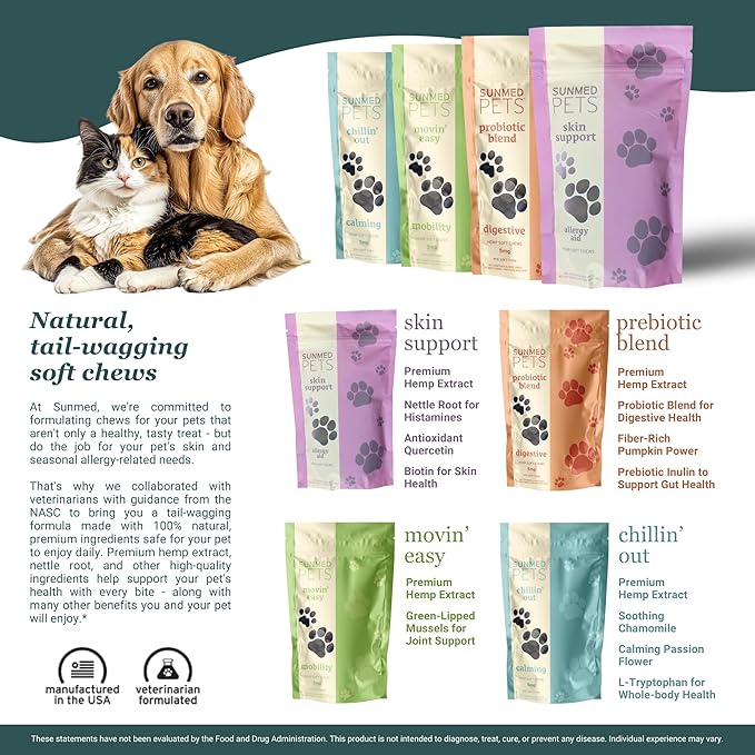 Sunmed Movin' Easy Hemp Pet Chews for Joint Health & Mobility – Omega-3, Green Lipped Mussels, 5mg Hemp Extract – Supports Flexibility & Comfort | Beef Liver & Sweet Potato, 40 Count