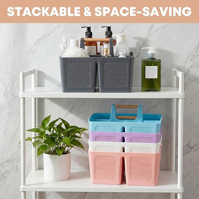 Haundry Portable Shower Caddy Tote with Wooden Handle, 3 Compartment Plastic Organizer Basket for College Dorm Essentials, Bathroom Cleaning Supplies, Gray