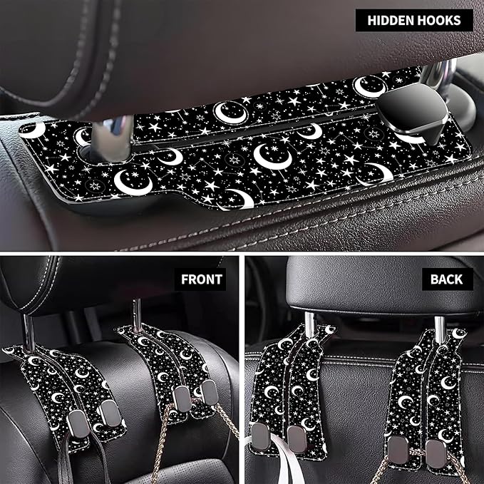 AEWNUNK 1 Pack Car Seat Headrest Hooks for Purses and Bags White Stars and Moons Bag Purse Holder for Car with Double Metal Hooks Car Purse Hanger Hanging Accessories