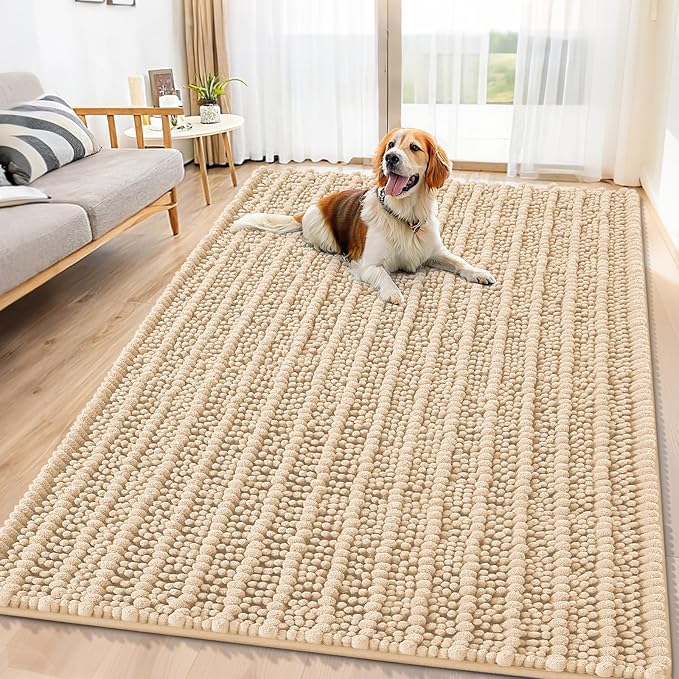 Smiry Dog Door Mat for Muddy Paws 71x46, Extra Soft Absorbent Chenille Doormat, Trap Moisture and Dirt, Non-Slip Machine Washable Front Door Mat for Indoor Entrance Inside Floor, Beige