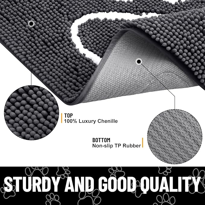 Smiry Dog Door Mat for Muddy Paws, Absorbent Dirt Trapper Non Slip Quick Dry Washable Chenille Mat for Mud Dogs, Entry Rug for Indoor and Outdoor (24x16 Inches, Dark Grey and White)