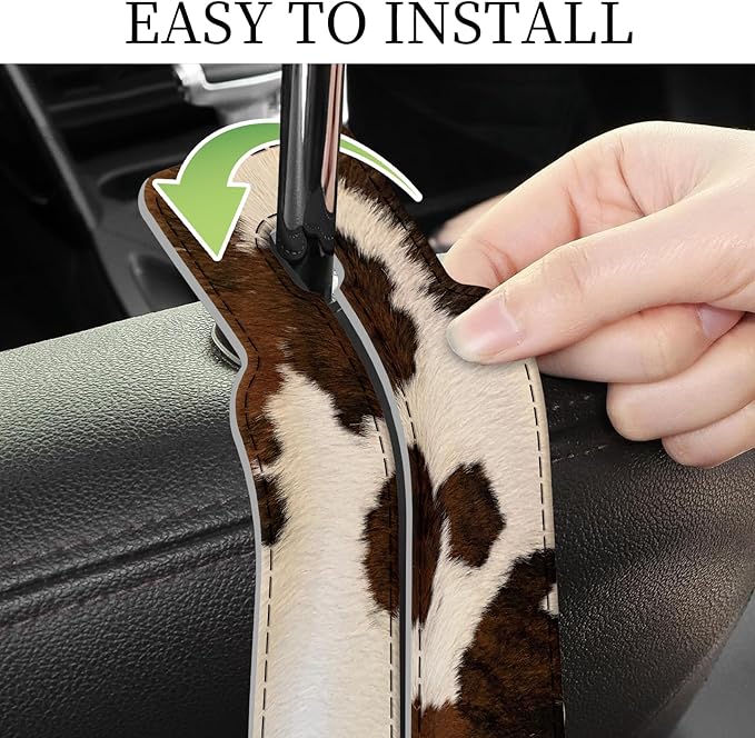 PU Leather Car Seat Hook, Storage Headrest Hanger, Cute Car Backseat Organizer, Car Hooks For Purses and Bags Cowhide Brown White