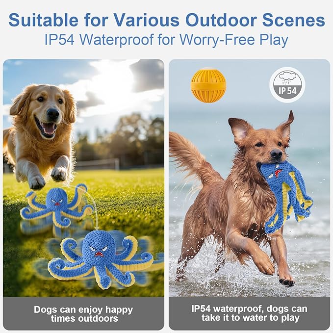 Qraxond Interactive Dog Toys Octopus,Durable Automatic Jumping Dog Toy to Keep Them Busy,Squeaky Moving Tug of War Doggie Toy,USB Rechargeable,Not for Aggressive Chewers (Blue)