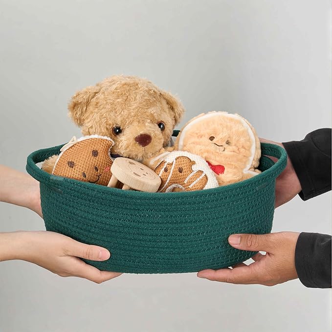 Small Woven Gift Basket Empty with Bag & Ribbon - Gifts for Mom, Baby Shower, Birthdays & Raffle - Cotton Rope Storage Basket for Dog Toys or Shelf - 12"x8"x5", Green