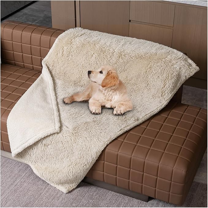 Wowchine Calming Dog Blanket,Waterproof Long Faux Fur Pet Blankets for Medium Puppy Cat Reverible Sofa Couch Covers Washable Pets Ded Cover Cream S-40x28in