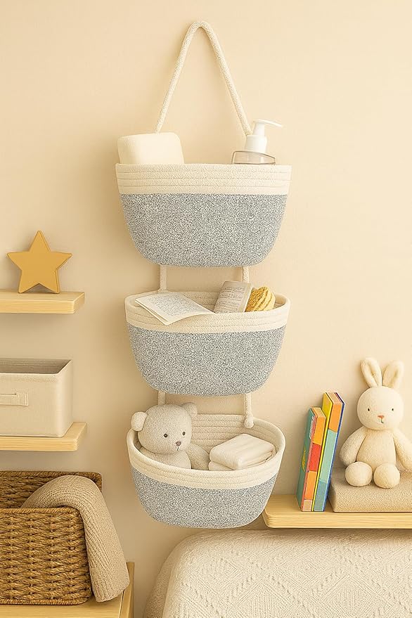 Japanese Handmade Cotton Rope Hanging Basket Organizer – 3 Tier Wall boho Storage Organizer for Toys , Snacks & Décor – Eco-Friendly Coiled Weaving Craft, Housewarming & Shower Gift (White&beige)
