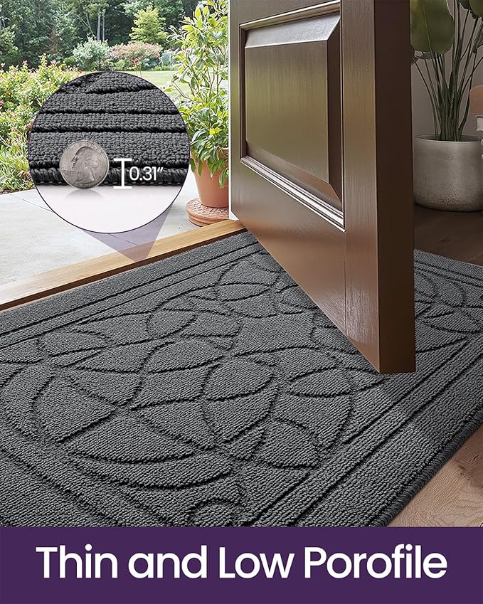 DEXI Front Entryway Door Mat Non Slip 24x36, Washable Inside Entry Way Mats Low Profile Entrance, Welcome Dirt Trapper Doormat Thin for House Floor Home Porter Hall Backdoor Area, Dark Grey