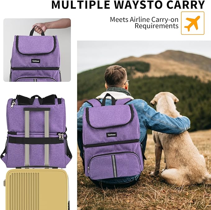 Txinrbaod Dog Travel Bag Airline Approved Pet Supplies Backpack with 2 Food Container Dog Bags for Traveling Camping Hiking Purple