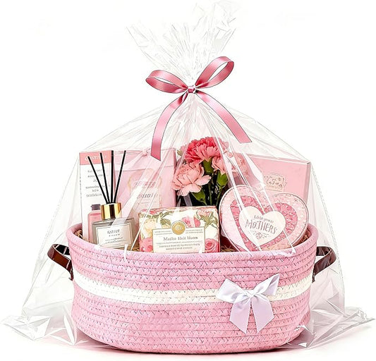 Empty Woven Gift Basket with Handles, 14"x10"x5.5" Mothers Day Gift Basket, Storage Wicker Basket for DIY, Birthday Valentines Day Gift Baby Pet Shower Storage (Pink)