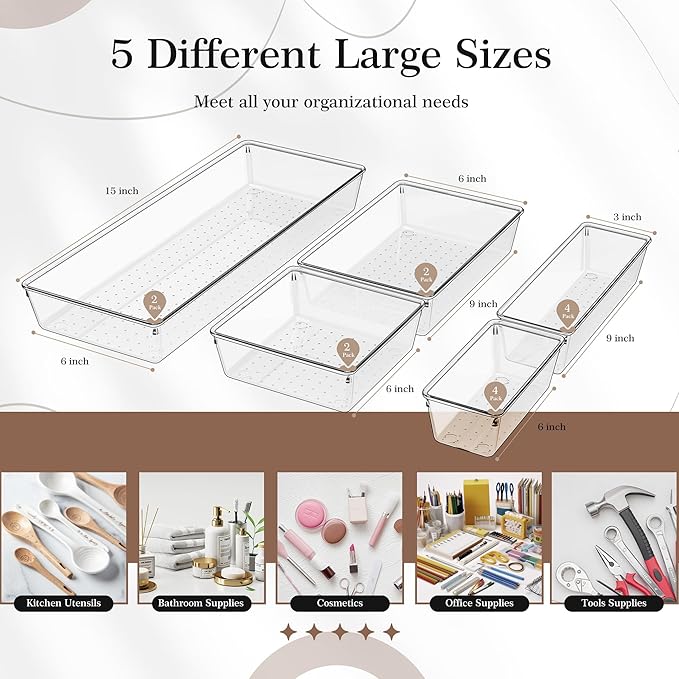 Criusia 14 PCS Clear Plastic Drawer Organizer Set - 5 Large Size Versatile Kitchen and Bathroom Organizer Trays, Non-Slip Storage Bins for Makeup, Utensils, Tool and Office Desk