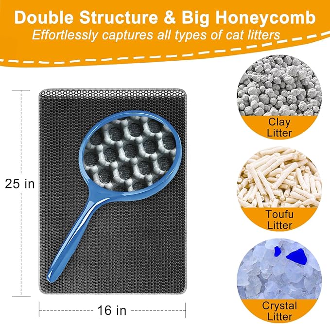 Cat Litter Mat Litter Trapping Mats, 25"x16" Cat Litter box Mat for Floor, 2 Layer Honeycomb Pet Litterbox Matt Catcher Rug, Waterproof Urine Proof, Non-Slip, Soft, Clean Easily, Small