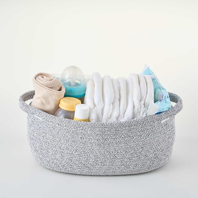 Small Woven Gift Basket Empty with Bag & Ribbon - Gifts for Mom, Baby Shower, Birthdays & Raffle - Cotton Rope Storage Basket for Dog Toys or Shelf - 12"x8"x5", Gray