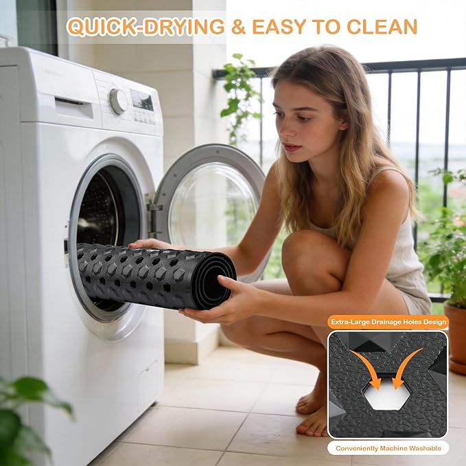 Yimobra Bath Tub Mat Non Slip, 34.5"x15.5" Long Shower Mat, Machine Washable Bathmat with Drain Holes and Suction Cups, Soft on Feet, Bathroom Essentials, Black