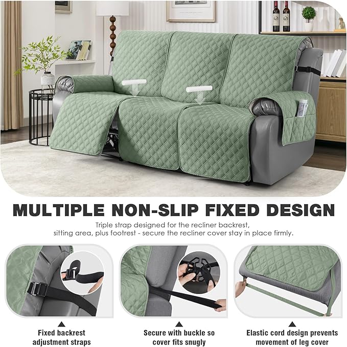TAOCOCO 100% Waterproof Recliner Couch Covers, Recliner Sofa Covers with Leg Straps, 1-Piece Washable Reclining Sofa Cover with Pocket Couch Protector for Pets Kids(3 Seater, Sage Green)