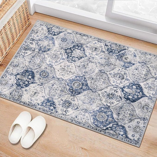 Lahome Moroccan Trellis Washable Rug, 2x3 Kitchen Rugs for Entryway Bathroom, Non-Slip Indoor Door Mat Ultra-Thin, Small Oriental Throw Carpet for Bedroom Entry Elise, White/Royal Blue