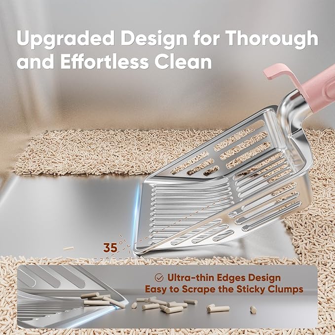 KooMooM Metal Cat Litter Scoop, Large Cat Scooper with Deep Shovel & Dual Sifting Holes for Fast & Precise Sifting, Space Aluminum Kitty Litter Scooper with Long Handle & Easy-to-Hang Hook - Pink