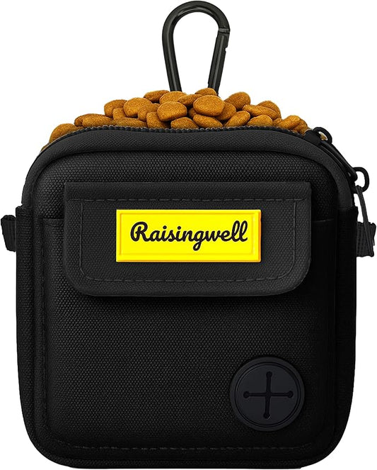 Raisingwell Dog Treat Pouch for Pet Walking and Training with Clicker, Poop Bags, and Three Bags Design Small Fanny Zipper Pack Holder for Puppy Snack Dispenser Kit for Leash and Outdoor Use (Black)