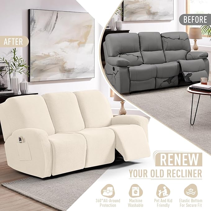TAOCOCO Recliner Sofa Covers 8-Pieces Stretch Large Couch Covers for 3 Seats Reclining Slipcovers Soft Jacquard Pattern Furniture Protector (Beige)