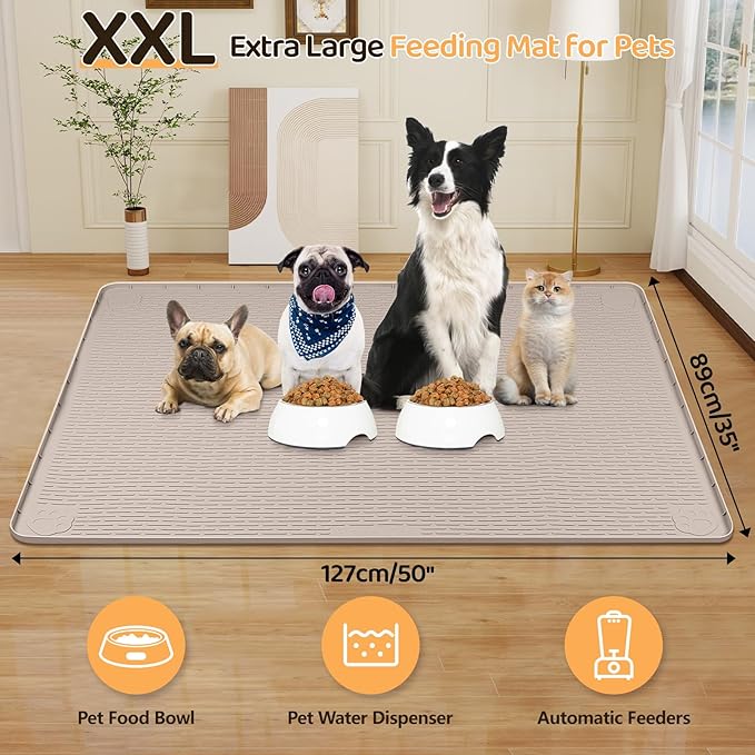 Bartuke Dog Food Mat, Extra Large 50" x 35" Silicone Pet Feeding Mat with Raised Edge Pet Placemat for Small, Medium, and Large Pets Non-Slip, Easy to Clean (Khaki)