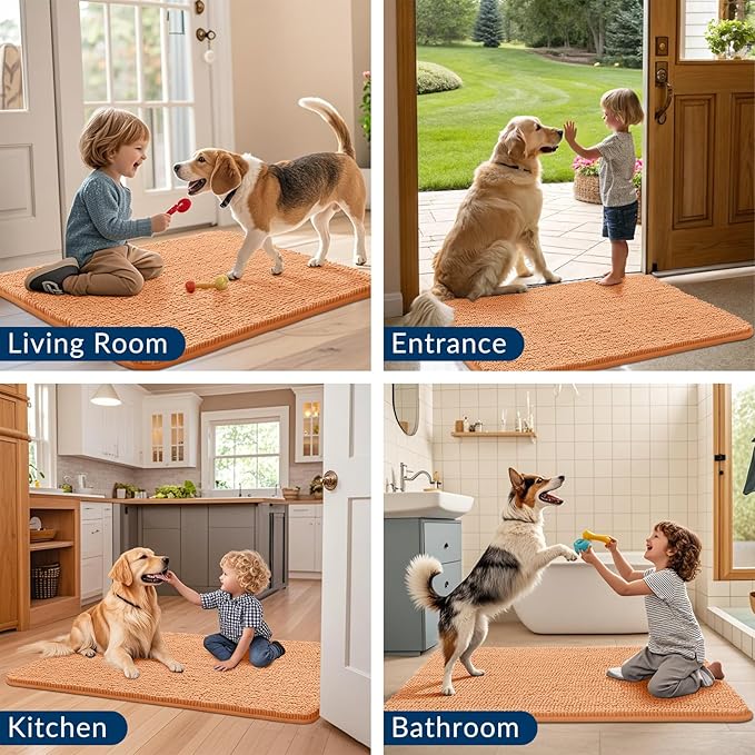 Smiry Dog Door Mat for Muddy Paws 71x46, Absorbs Moisture and Dirt Doormat, Non-Slip Washable Quick Dry Chenille Front Door Mat Indoor Entrance, Entryway Carpet for Inside Floor, Orange