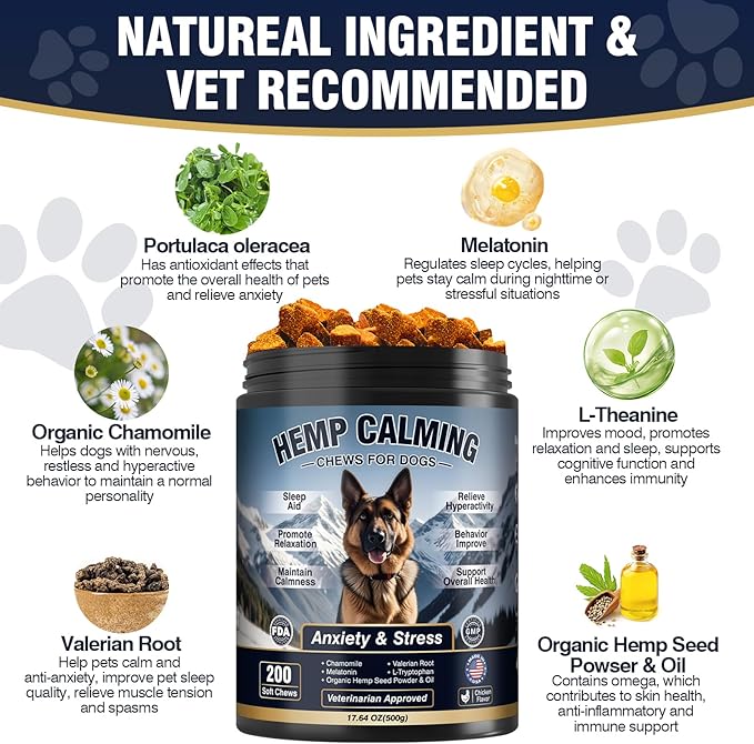 Calming Chews for Dogs 200ct-Chicken Hemp Dog Calming Chews - Anxiety and Stress Relief Treats Melatonin Bites Sleep Aid for Small/Medium/Large Dogs Calm Dog - Separation, Fireworks, Barking, Thunder