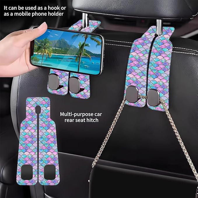 AEWNUNK Car Headrest Purse Hanger Watercolor Mermaid Fish Scale 1 Pack Bag Purse Holder for Car Premium Leather Double Metal Hook for Handbags, Grocery Bags and Phones