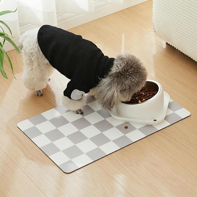 Checkered Dog Feeding Mat, Absorbent Mats for Dog Food and Water Bowl, Dispenser, Feeder, Retro Aesthetic Grey Checkerboard Pet Placemat for Dogs, Cats, Puppy Accessories, 16" X 24”