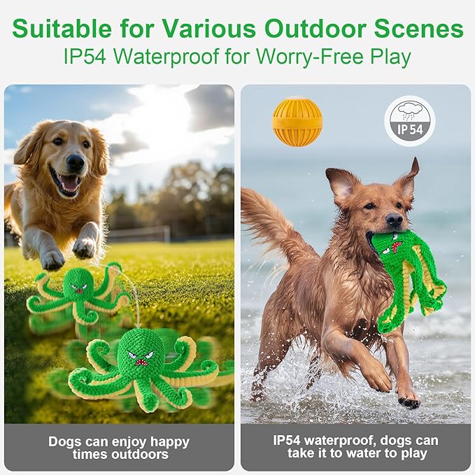 Qraxond Interactive Dog Toys Octopus,Durable Automatic Jumping Dog Toy to Keep Them Busy,Squeaky Moving Tug of War Doggie Toy,USB Rechargeable,Not for Aggressive Chewers (Green)