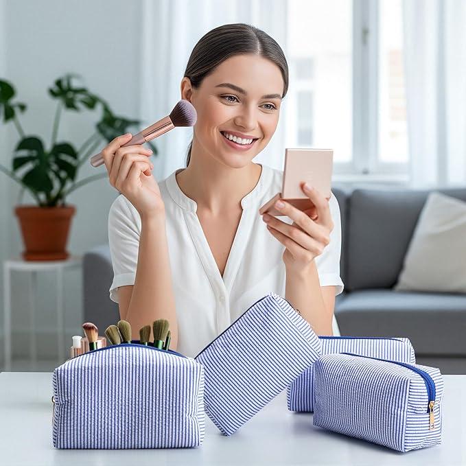 Sanwuta 12 Pcs Seersucker Cosmetic Bags Bulk Seersucker Makeup Bags Stripe Women Pouch Large Preppy Storage Pouch Toiletry Travel Organizer for Wedding Bridesmaid Bride Favor Mom Gift (Lake Blue)