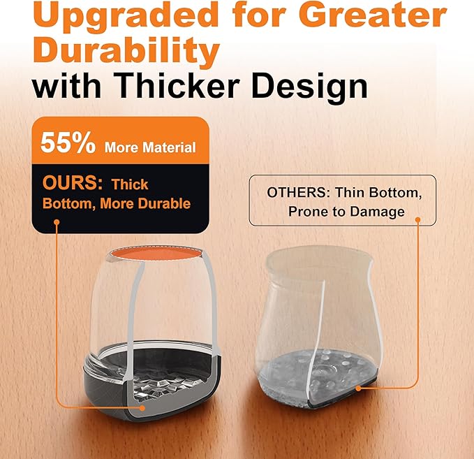 Chair Leg Floor Protectors for Hardwood Floors – Smooth Nylon Base Won’t Trap Cat or Dog Hair, Clear Silicone Caps No Scratch & Silent on Carpet & Tile (16 Pack, Fits 1" to 1-1/8")