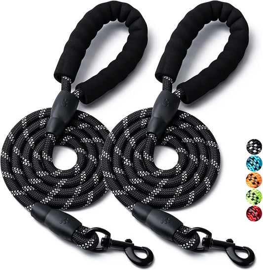 2 Pack Dog Leash, 4/5//6 FT Heavy Duty Nylon Rope Pet Leashes with Comfortable Padded Handle, Reflective Dog Leashes for Small Medium and Large Dogs (6FT-3/8,Black/Black)