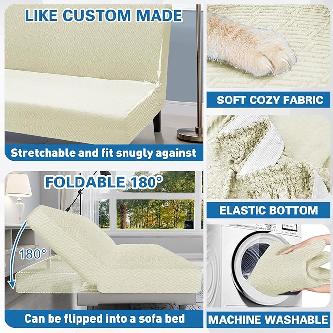 ZNSAYOTX Stretch Fit Futon Cover (67"-82") Armless Futon Sofa Bed Slipcover with Elastic Band, Universal Foldable Sofa Mattress Protector Full Queen Size, Washable Comfort Jacquard (Light Beige)