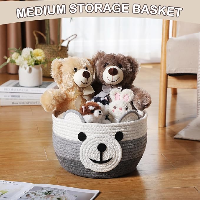 Zopeal Bear Basket 13" D x 9.5" H for Nursery Cotton Rope Woven Cute Storage Basket with Handles Animal Hamper for Baby Shower Laundry Bathroom Home Decorative