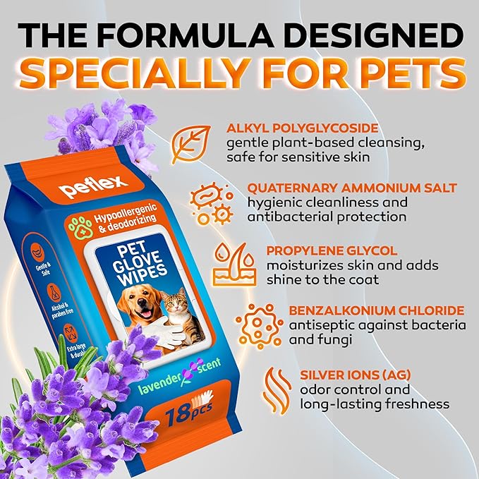 Pet Cleaning Deodorizing Glove Wipes for Dogs and Cats –Suitable for Eyes, Ears, Paws & Body–Hypoallergenic Hydrating & Nourishing–Lavender Scent–Ideal for Daily Care & Travel–18 Count (Lavanda)