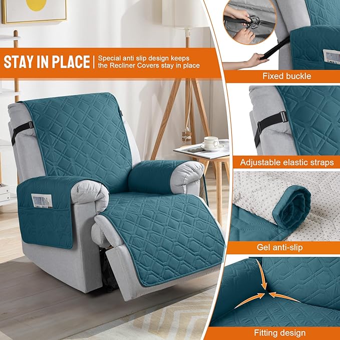 VANSOFY 100% Waterproof Recliner Chair Covers, Recliner Cover Non-Slip Dog Chair Cover Furniture Protector Washable Slipcover with Pocket, Elastic Straps for Pets, Dogs(Peacock Blue, 25")