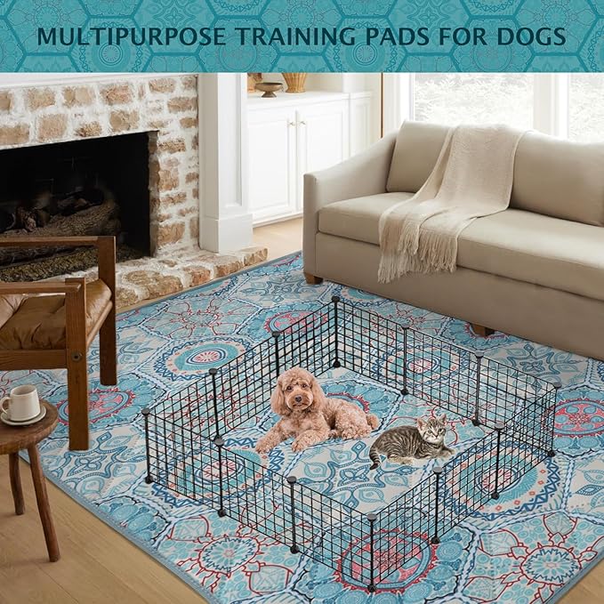 IEUUMLER Washable Pee Pads for Dogs, 1 Pack Non-Slip & Waterproof Pack Whelping Pad, Reusable Washable Puppy Potty Training Pad with Fast Absorbent for Playpen EU007 (Green Medallion, 63"X63"-1pcs)