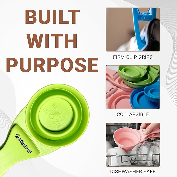 MeasureMate Pet Food Scoops with Bag Clip for Dog and Cat - 3-in-1 Multi-Function Collapsible Food Measuring Cup - 1/2 Cup Capacity, 4oz, Green - Dishwasher Safe