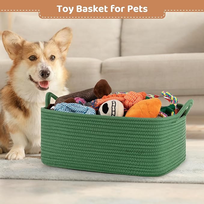 Large Empty Gift Baskets for Baby Shower, 16.5"L x 12.6"W x 7"H Cute Woven Storage Basket with Gift Bags and Ribbons, Small Rope Toy Basket with Handles, Cat Dog Pet Toy Organizer - Green