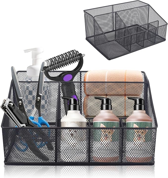 Universal Pet Grooming Supplies Organizer, 6-Compartment Mesh Wire Dog Storage Organizer for Grooming Supplies, Cat Blanket, Shampoo, Trimmer, Clipper, Brush