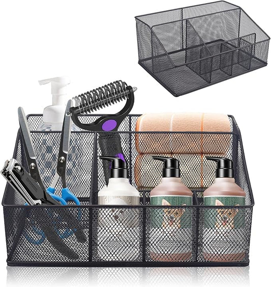 Universal Pet Grooming Supplies Organizer, 6-Compartment Mesh Wire Dog Storage Organizer for Grooming Supplies, Cat Blanket, Shampoo, Trimmer, Clipper, Brush