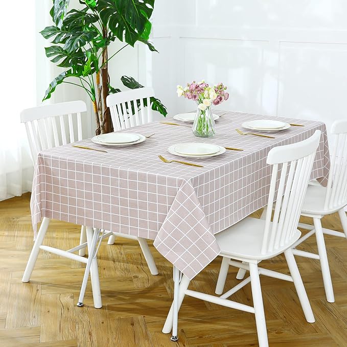 Romanstile Rectangle Vinyl Tablecloth, 100% Waterproof Oil-Proof Checkered Plastic Table Cloth, Heavy Duty Wipeable Table Covers for Dining, Camping, Picnic, Outdoor - 54 x 108 Inch, Sand