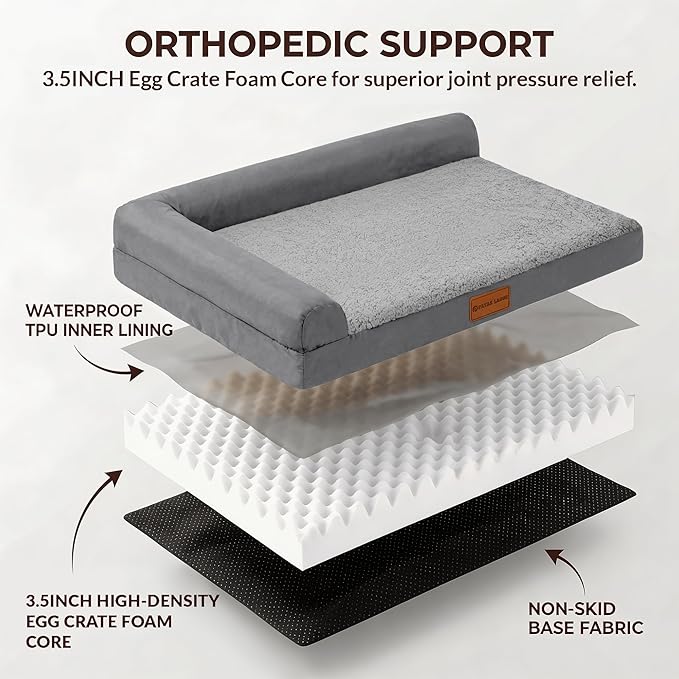 Patas Lague Orthopedic XL Dog Bed Large Sized Dog 42''X28'', Waterproof L Bolster Big Large Pet Sofa Beds with Removable Washable Cover, Soft Pet Couch Crate Mat with Nonskid Bottom, Grey